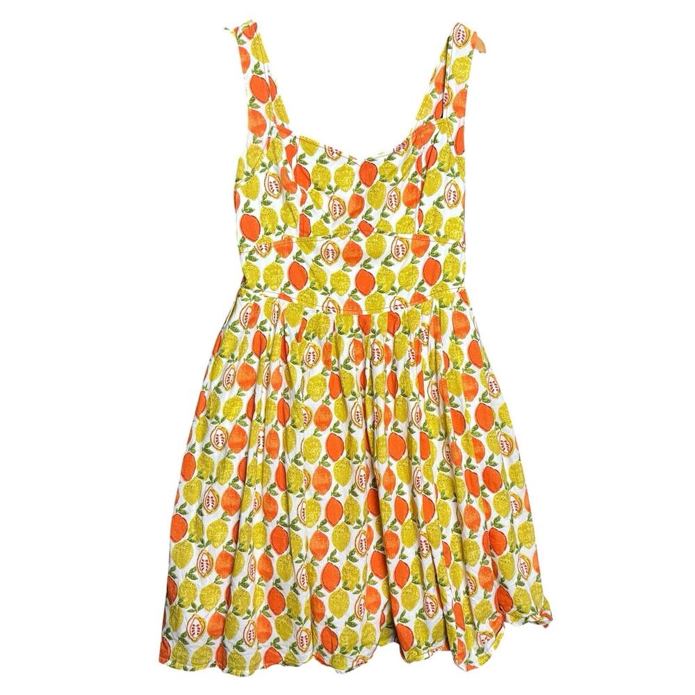 eShakti Lemon Print Cotton Sundress Women 14 Fit Flare Smocked Back Summer Dress
